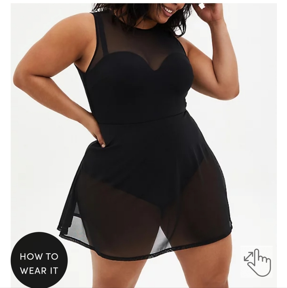 UNDERWIRE ONE-PIECE PEPLUM LONG SWIM DRESS - MESH BLACK